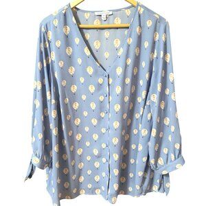 41 Hawthorn Blue Balloon Print Blouse 3/4 Tie Sleeves V-Neck Women's 3X